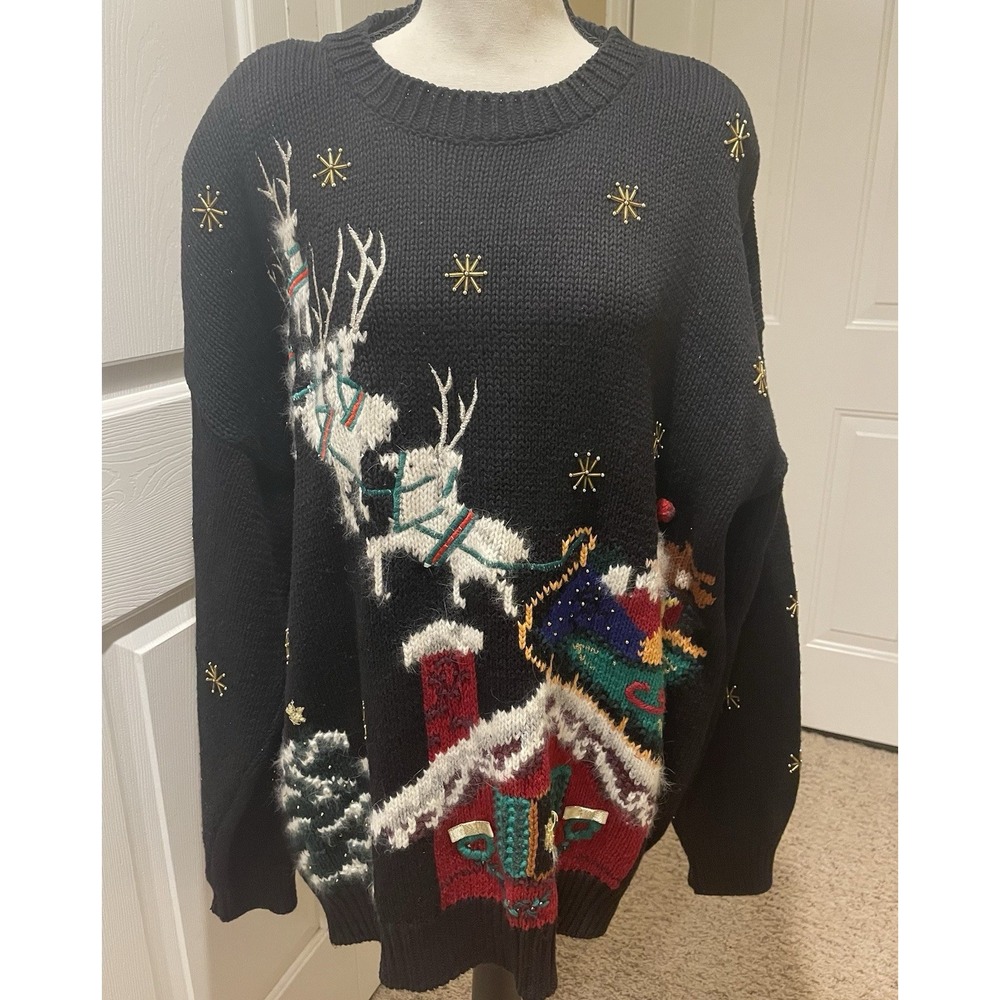 Vtg. Cascade Classics Santa Ugly Christmas Knit Sweater Women's Size 2X Reindeer